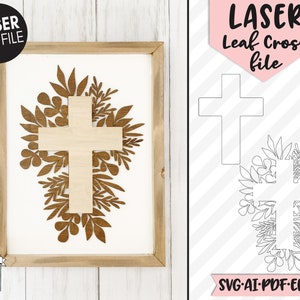 Archivo SVG de corte láser de cruz con hojas, archivo SVG de corte láser de signo de Pascua, archivo SVG de corte láser religioso, archivo SVG láser cristiano, archivo láser de cruz de hojas