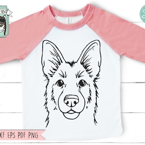 May include: Black and white line art illustration of a German Shepherd dog's head. The dog is looking directly at the viewer with a friendly expression.