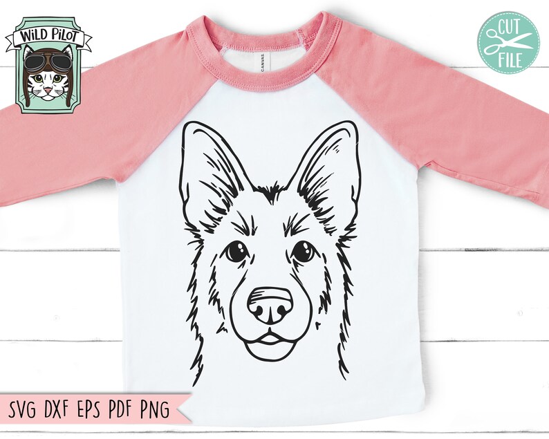 May include: Black and white line art illustration of a German Shepherd dog's head. The dog is looking directly at the viewer with a friendly expression.