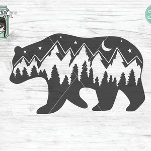 Bear SVG, Bear Silhouette SVG, Bear Mountain Scene, Forest Trees, Camping svg file, hiking, adventure, Mountain range, night sky, outdoors image 3