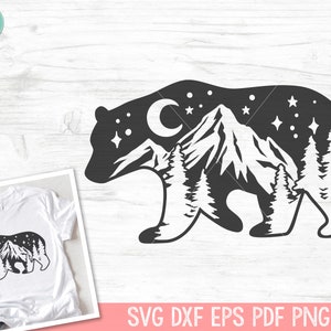 Bear SVG, Bear Silhouette SVG, Bear Mountain Scene, Forest Trees, Camping svg file, hiking, adventure, Mountain range, night sky, outdoors