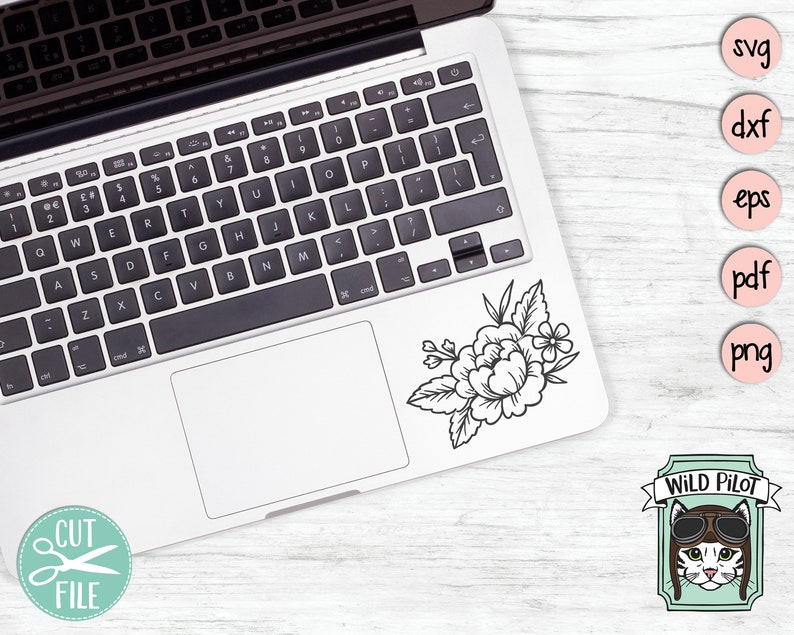 May include: A black and white line drawing of a floral bouquet with a laptop computer in the background. The image also includes a pink circle with the word "png" in black text.