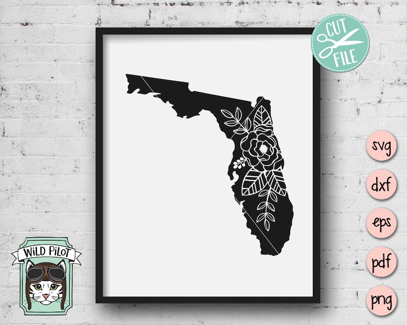 May include: Black and white silhouette of the state of Florida with a floral design on the right side. The floral design is white and features leaves and flowers.