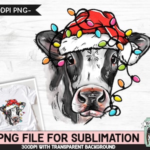 Cow Santa Hat SUBLIMATION PNG, Christmas Cow png file, Cow Santa Hat Christmas Lights png file, Cow Face png file, Cow Hat Sublimation