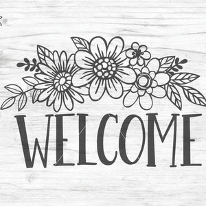 Peut inclure: Motif floral noir et blanc avec le mot "WELCOME" dans une police stylis&eacute;e. Le motif est adapt&eacute; pour une utilisation comme fichier de d&eacute;coupe pour des projets d'artisanat.