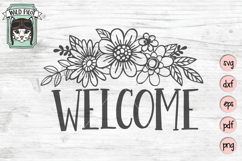 Peut inclure: Motif floral noir et blanc avec le mot "WELCOME" dans une police stylis&eacute;e. Le motif est adapt&eacute; pour une utilisation comme fichier de d&eacute;coupe pour des projets d'artisanat.
