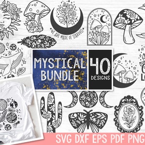 Pode incluir: Um conjunto de 40 ilustrações de design místico em preto e branco. Os designs incluem uma lua, estrelas, cristais, cogumelos, uma baleia, um cacto, uma borboleta, uma lâmpada e um sol. O texto "Mystical Bundle 40 Designs" está incluído na imagem. Os designs estão disponíveis nos formatos SVG, DXF, EPS, PDF e PNG.