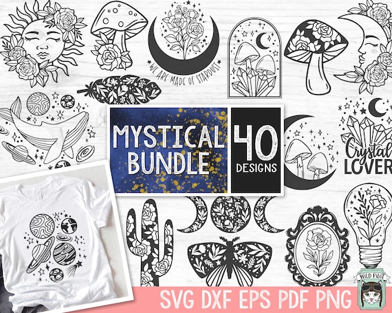 Mystical SVG file Bundle, Floral Moon svg, Moon Phases svg, Moon cut file, Witchy svg files, Mushroom svg files, Celestial, Space, Crystals