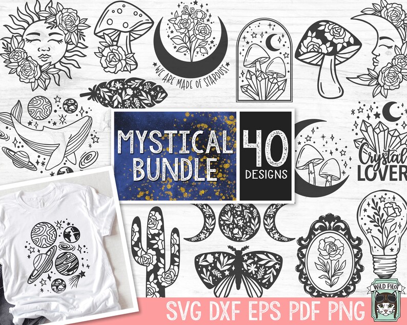 May include: A set of 40 mystical design illustrations in black and white. The designs include a moon, stars, crystals, mushrooms, a whale, a cactus, a butterfly, a lightbulb, and a sun. The text "Mystical Bundle 40 Designs" is included in the image. The designs are available in SVG, DXF, EPS, PDF, and PNG formats.