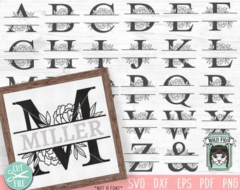 May include: A set of split monogram letters with floral accents. The letters are in black and white and are arranged in alphabetical order. The letters are designed to be used for creating personalized crafts and projects. The letters are not a font.