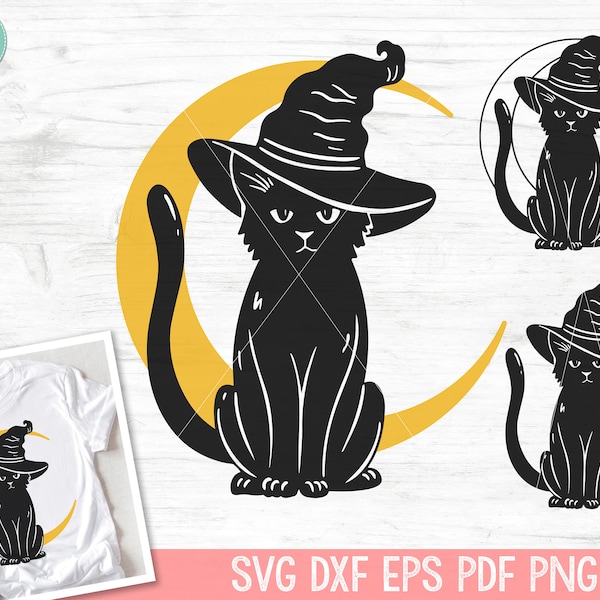 Black Cat SVG file, Witch Cat Svg Cut File, Cat Moon SVG, Halloween SVG File, Black Cat Witch Hat, Black Cat png, Witchy, Spooky