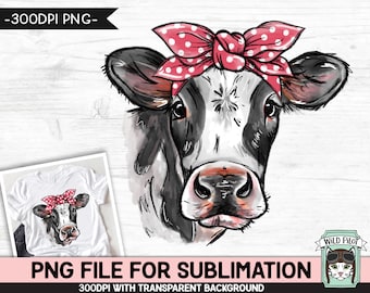 Cow SUBLIMATION PNG, Cow Bandana png file, Polka Dot Bandana Cow png, Watercolor Cow png file, Cow Face Sub png, Red Bandana Cow png