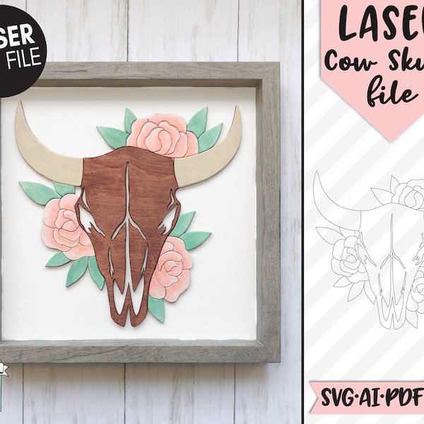 Skull Floral Laser Cut file SVG, Cow Skull Laser File, Floral Skull Laser Cut file svg, Flower Skull cut file, Floral Cow Skull svg file