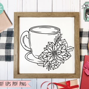 May include: Black and white line art illustration of a coffee mug with a poinsettia flower and leaves. The mug is filled with a beverage and has a handle. The flower is in bloom and has five petals. The leaves are green and have a serrated edge.