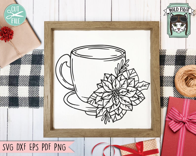 May include: Black and white line art illustration of a coffee mug with a poinsettia flower and leaves. The mug is filled with a beverage and has a handle. The flower is in bloom and has five petals. The leaves are green and have a serrated edge.
