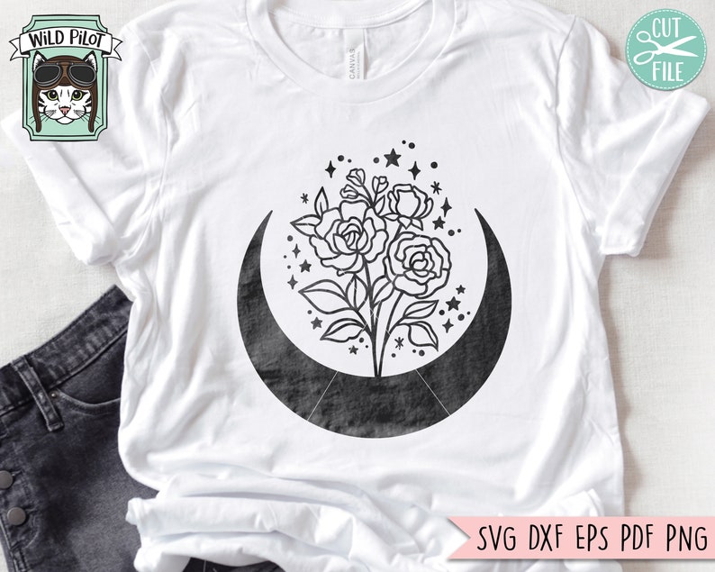 May include: A black and white graphic design of a crescent moon with a bouquet of roses inside. The moon has a textured look and the roses are stylized.