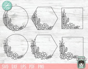 Cactus Frames SVG, Cactus SVG file, Cactus Monogram svg, Cactus Border, Succulent svg, Cactus cut file, Wreath svg, Round, Hexagon, Square
