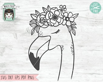 May include: A black and white line drawing of a flamingo wearing a floral crown. The flamingo has its eyes closed and is facing to the left. The floral crown is made up of flowers and leaves.
