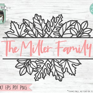 May include: A black and white digital cut file design of a family name banner with autumn leaves. The text reads "The Miller Family".