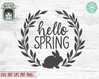 Hello Spring SVG File, Spring SVG File, Rabbit Silhouette, Hello Spring Sign SVG File, Round Sign svg, Easter Bunny svg, Rabbit svg Cut File