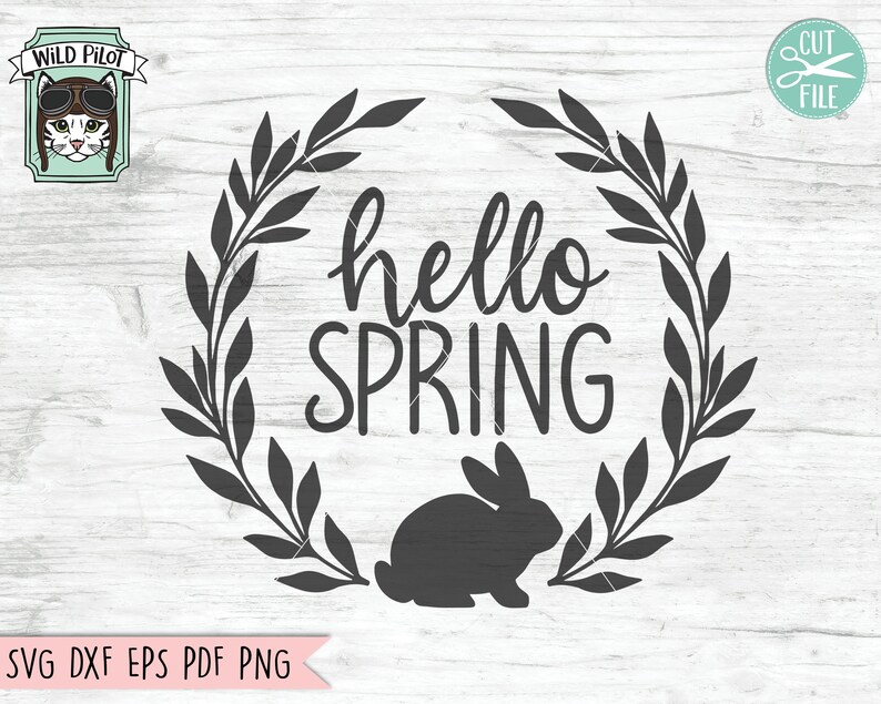 Op de afbeelding: Zwart-witte silhouet van een krans met bladeren en de tekst "hello spring" erin. Een zwart-witte silhouet van een konijn bevindt zich onderaan de krans.