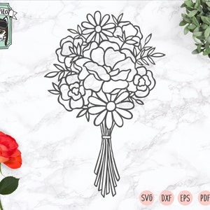 Pode incluir: Um desenho a preto e branco de um ramo de flores. O ramo &eacute; amarrado com uma fita e inclui v&aacute;rios tipos de flores, como margaritas e rosas.