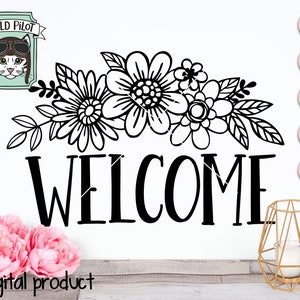 Peut inclure: T&eacute;l&eacute;chargement num&eacute;rique en noir et blanc d'une pancarte de bienvenue avec une couronne de fleurs et le mot "WELCOME" en lettres grasses.