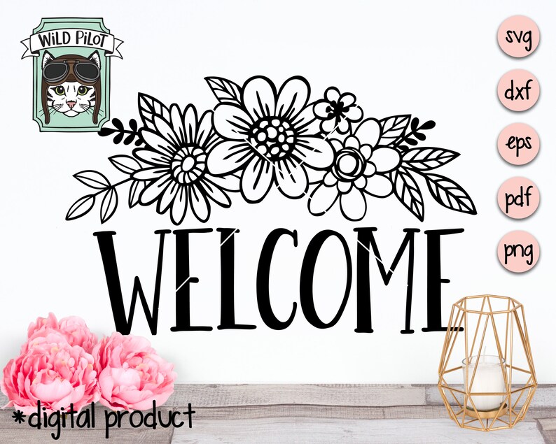Peut inclure: T&eacute;l&eacute;chargement num&eacute;rique en noir et blanc d'une pancarte de bienvenue avec une couronne de fleurs et le mot "WELCOME" en lettres grasses.