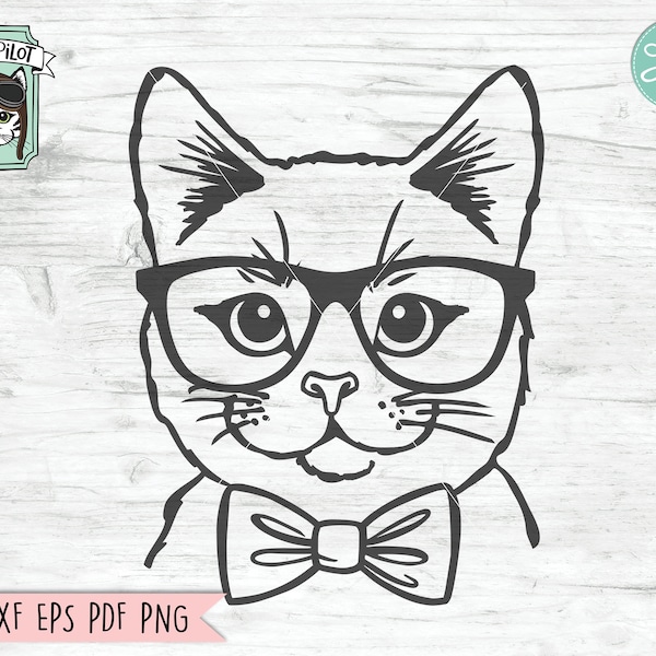 Katze Svg-Datei, Katze mit Brille Bowtie Svg, Katze geschnitten Datei, Tier Gesicht, süße Katze, Hipster, süße junge Katze Svg, Katze mit Brille Nvg-Datei