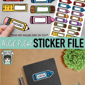 Peut inclure: Un ensemble d'autocollants d'accessoires scolaires imprimables repr&eacute;sentant des crayons, des marqueurs, des pinceaux et des r&egrave;gles. Les autocollants sont con&ccedil;us pour &ecirc;tre personnalis&eacute;s avec des noms, tels que "Michael" et "Sarah".