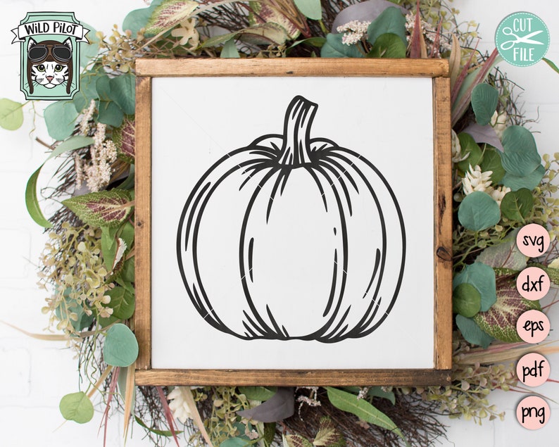 May include: A black and white line drawing of a pumpkin on a white background. The pumpkin is in the center of the image and is surrounded by a wooden frame.