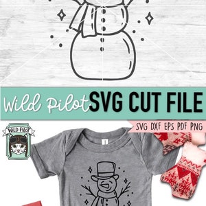 May include: A black and white line drawing of a snowman wearing a hat and scarf. The snowman is surrounded by small stars.