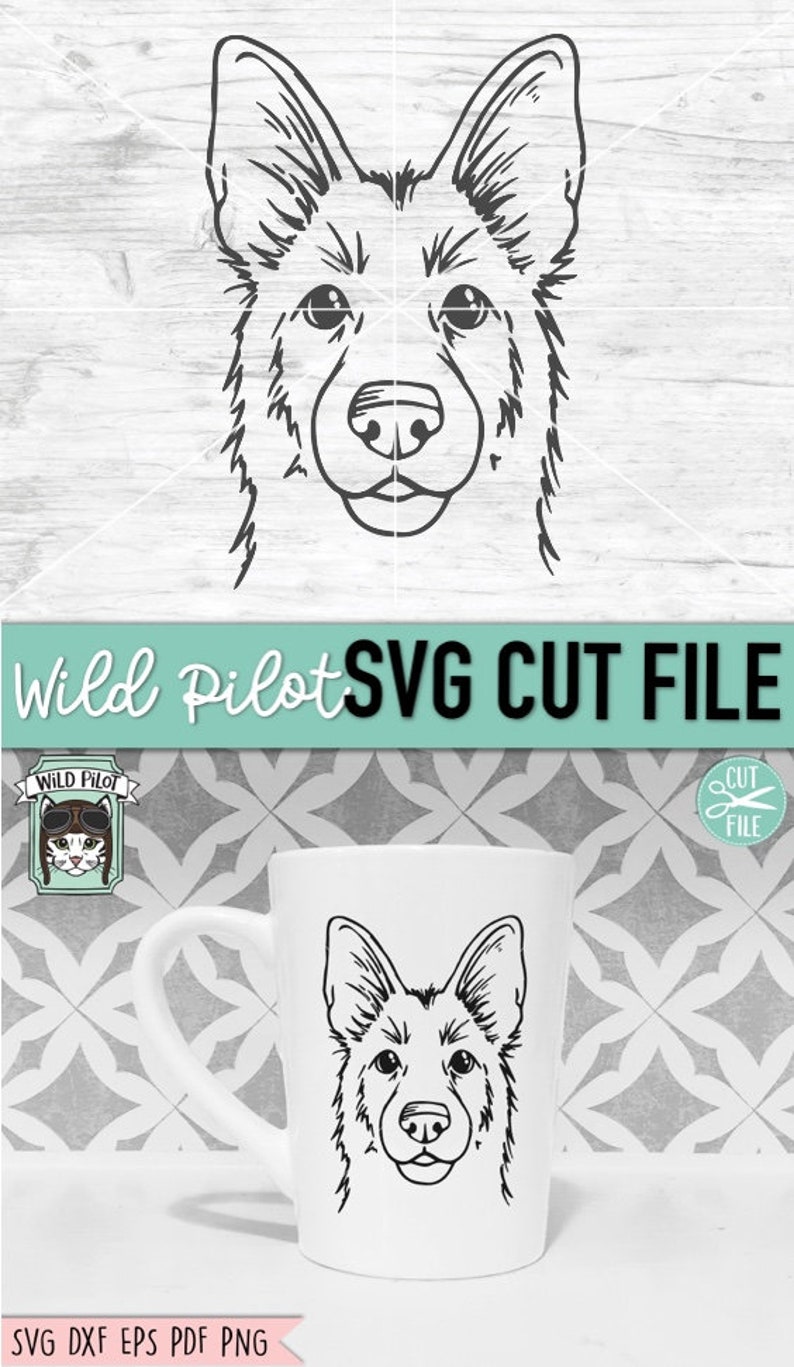May include: Black and white line art illustration of a German Shepherd dog's head. The dog is looking directly at the viewer with a friendly expression. The image is on a white background.