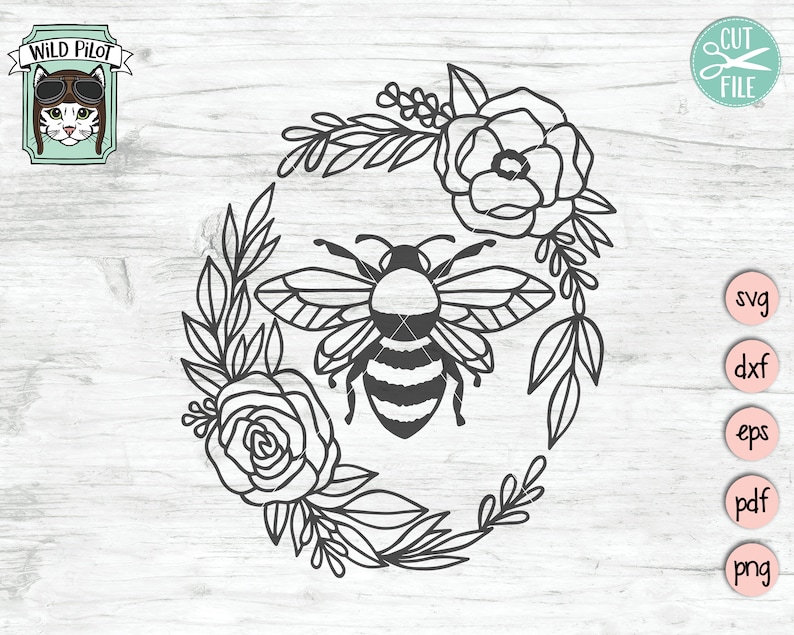 Puede incluir: Ilustraci&oacute;n en blanco y negro de una abeja rodeada de una corona de flores. La abeja tiene alas rayadas y un cuerpo rayado. Las flores son rosas estilizadas.