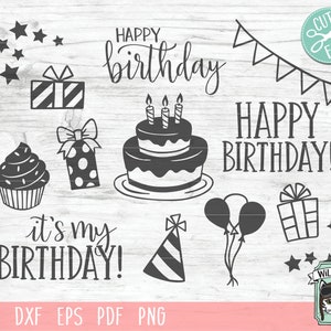 Puede incluir: Un conjunto de gr&aacute;ficos de fiesta de cumplea&ntilde;os en blanco y negro, que incluyen un pastel, un cupcake, regalos, globos, sombreros de fiesta, estrellas y pancartas. El texto "Feliz cumplea&ntilde;os" y "&iexcl;Es mi cumplea&ntilde;os!" est&aacute; incluido.