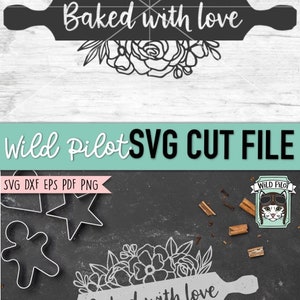 May include: A black and white digital design of a rolling pin with a floral design and the text "Baked with love".