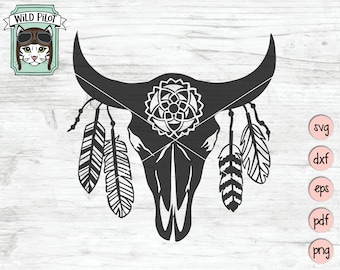 Cow Skull with Feathers SVG, Cow Skull svg file, Southwest svg, Boho svg, Feathers svg, Skull svg, longhorn skull svg, boho svg