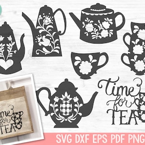 Tea Party SVG, Theepot SVG, Tea Cup svg, Tea Party gesneden vijlen, Theepot SVG, theekopje, tijd voor thee, volkskunst theepotten svg, Coffee Bar Sign svg
