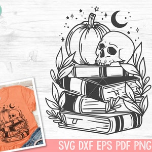 May include: Black and white graphic of a pumpkin, skull, and crescent moon atop a stack of books. The design includes stars and leafy accents, perfect for Halloween or fall-themed crafts. The image also includes the text "SVG DXF EPS PDF PNG".