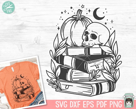 Halloween Book Lover SVG, Skull Pumpkin Book svg, Reading svg, Halloween Teacher svg, Librarian svg,  halloween png file, Leaves Moon