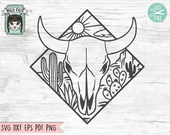 May include: Black and white line art illustration of a bull skull with horns, set in a diamond shape. The skull is surrounded by cacti and a sun in the background.