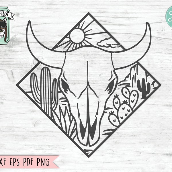 Cow Skull Desert SVG file, Cow Skull Cactus svg file, Cow Skull svg file, Cow Skull Desert Scene cut file, Southwest, Boho svg, longhorn svg