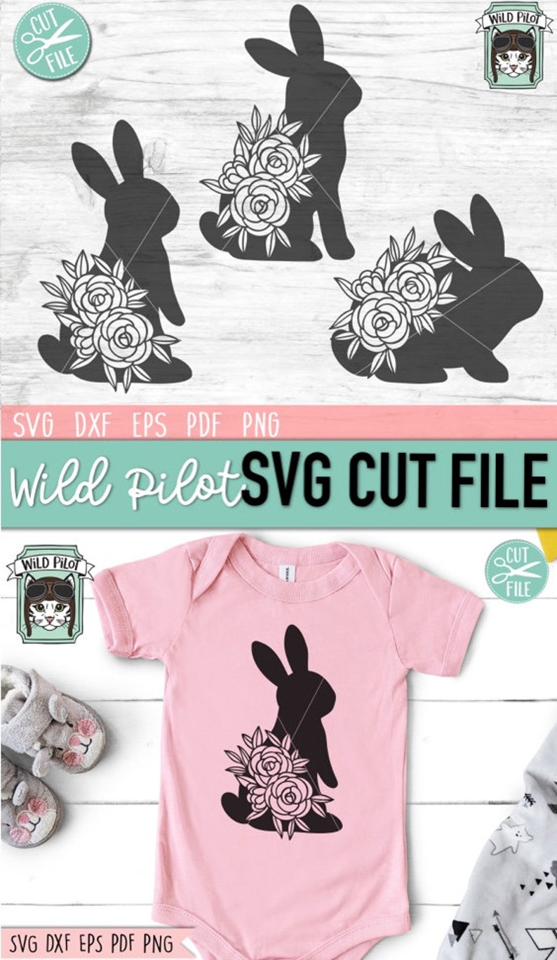 Op de afbeelding: Zwarte konijnensilhouetontwerpen met bloemaccenten, perfect voor knutselprojecten. De afbeelding bevat meerdere konijnenontwerpen en een roze babyromper met een konijnenafbeelding. Tekst bevat "SVG CUT FILE" en bestandstype afkortingen.