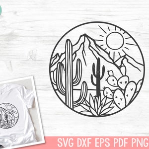 May include: Black and white line art illustration of a desert landscape with a mountain, sun, cactus, and prickly pear. The illustration is in a circle.
