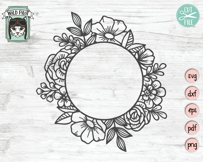 May include: Black and white line art floral wreath with a circle in the center. The wreath is made up of flowers, leaves, and stems.