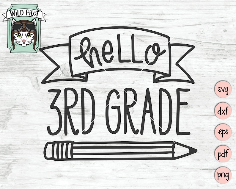 May include: Black and white line art design of a pencil, a banner with the text "hello" and the text "3rd grade".