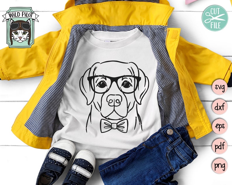 May include: A black and white illustration of a dog wearing glasses and a bow tie. The image is on a white t-shirt, which is folded and laid on a yellow jacket and blue jeans. The image is for a digital download and includes the file types: SVG, DXF, EPS, PDF, and PNG.