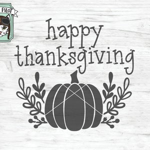 May include: A black and white graphic design featuring the text "Happy Thanksgiving" with a stylized pumpkin and leaves.