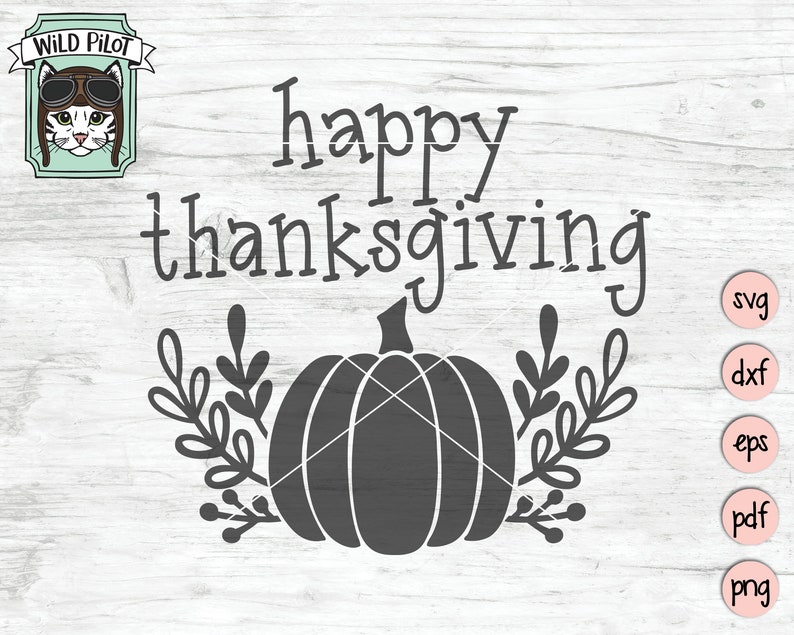 May include: A black and white graphic design featuring the text "Happy Thanksgiving" with a stylized pumpkin and leaves.