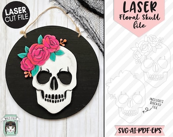 スカル フローラル レーザー カット ファイル SVG、スカル レーザー ファイル、フラワー スカル レーザー カット ファイル SVG、ハロウィーン レーザー カット ファイル、シングル ライン カット ファイル